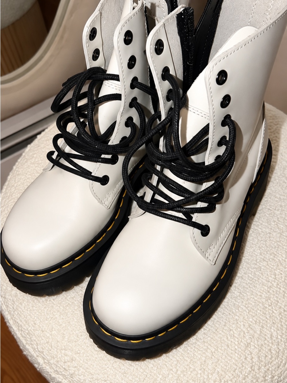 Dr- Martens Jadon Boots - White Lace-Up Platform Combat Boots with Black Trim